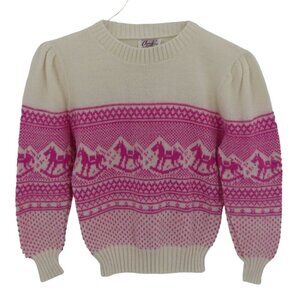 Chris Ann Girls Pink Rocking Horse Knit Pullover Sweater Jumper SEE MEASUREMENTS